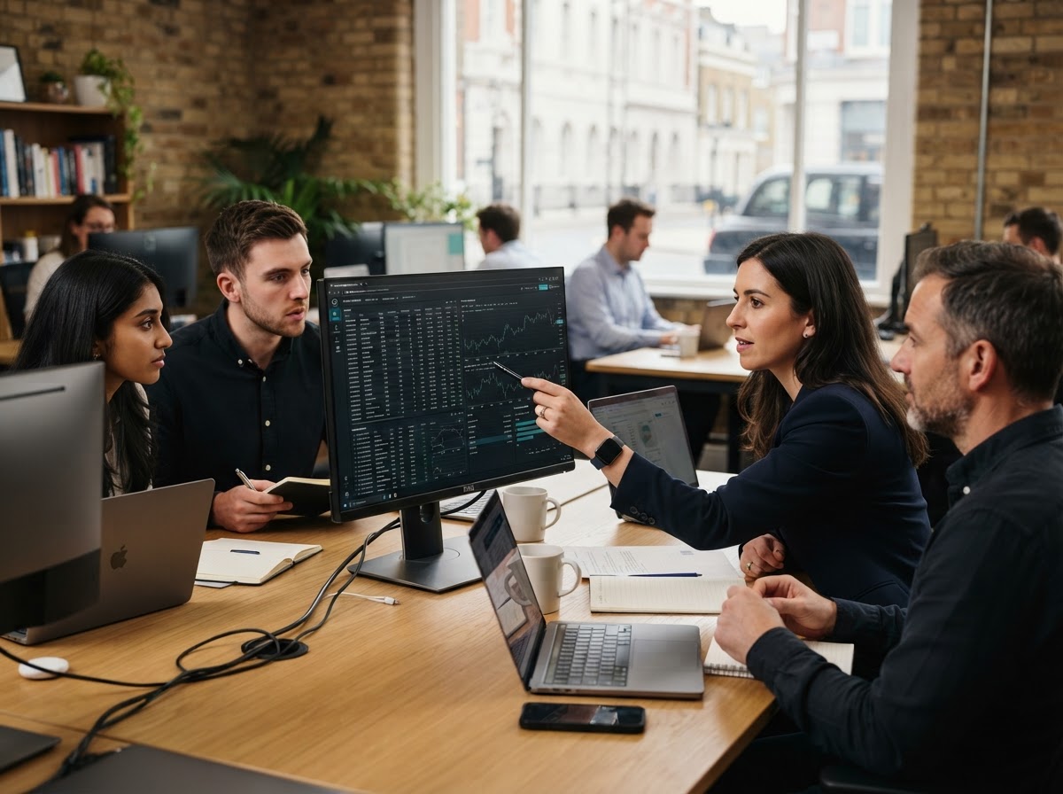 Titan Holdimony analyst reviewing real-time risk data on multiple monitors
